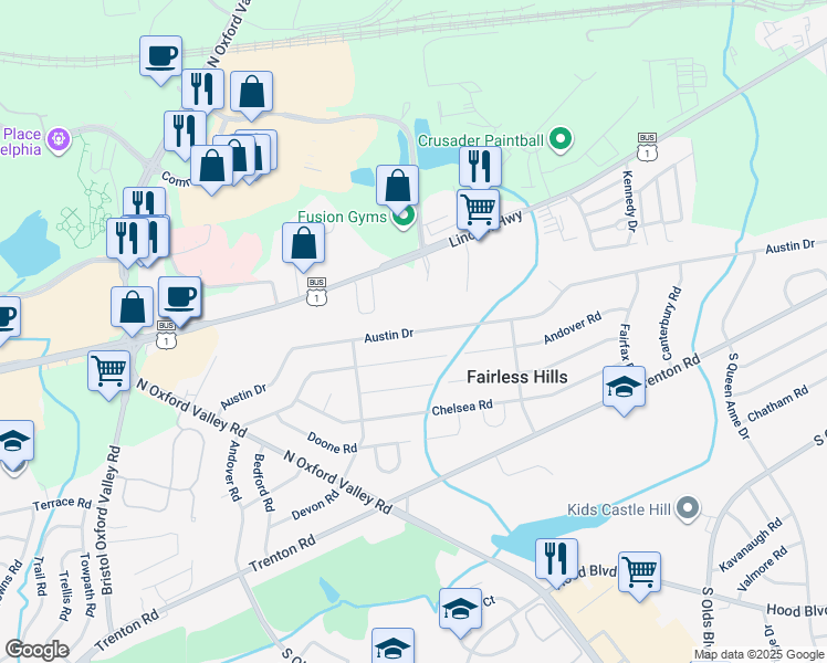map of restaurants, bars, coffee shops, grocery stores, and more near 325 Austin Drive in Fairless Hills