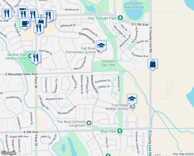 map of restaurants, bars, coffee shops, grocery stores, and more near 1504 Goshawk Drive in Longmont