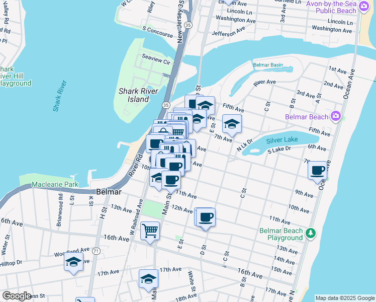 map of restaurants, bars, coffee shops, grocery stores, and more near 810 Main Street in Belmar