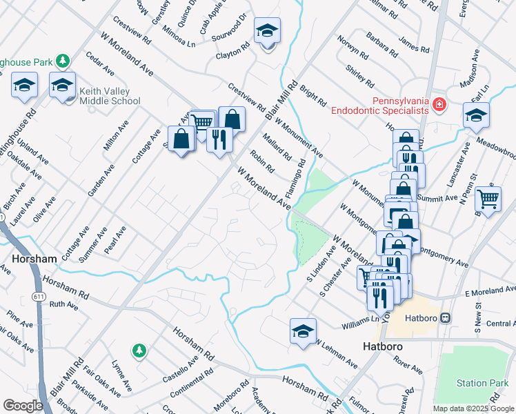 map of restaurants, bars, coffee shops, grocery stores, and more near 208 Village Drive in Horsham