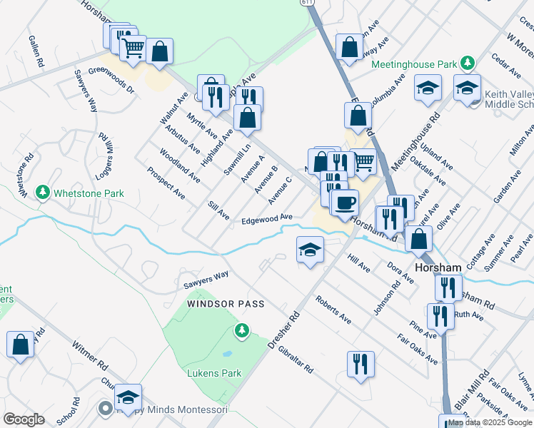 map of restaurants, bars, coffee shops, grocery stores, and more near 403 Edgewood Avenue in Horsham