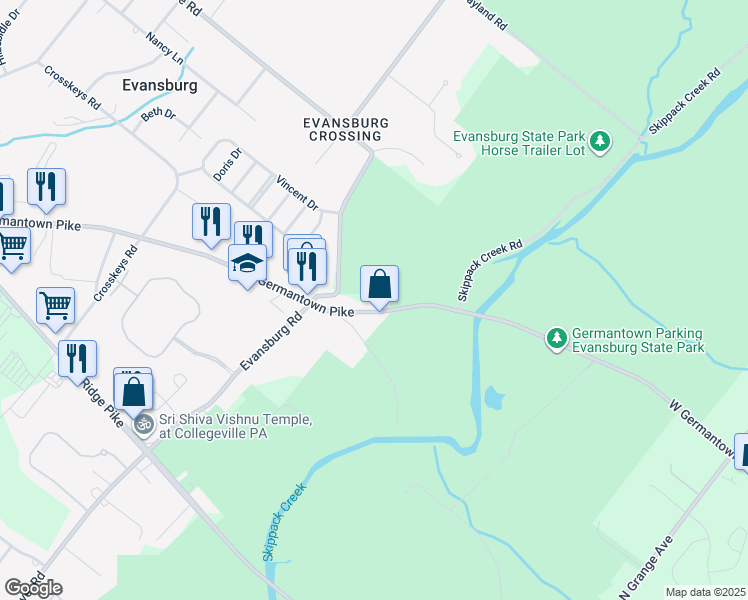 map of restaurants, bars, coffee shops, grocery stores, and more near 3763 Germantown Pike in Collegeville