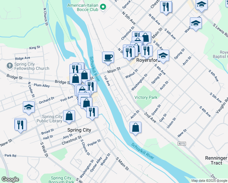 map of restaurants, bars, coffee shops, grocery stores, and more near 135 1st Avenue in Royersford