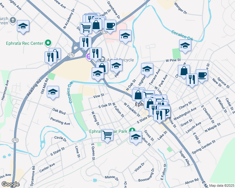 map of restaurants, bars, coffee shops, grocery stores, and more near 21 South Oak Street in Ephrata
