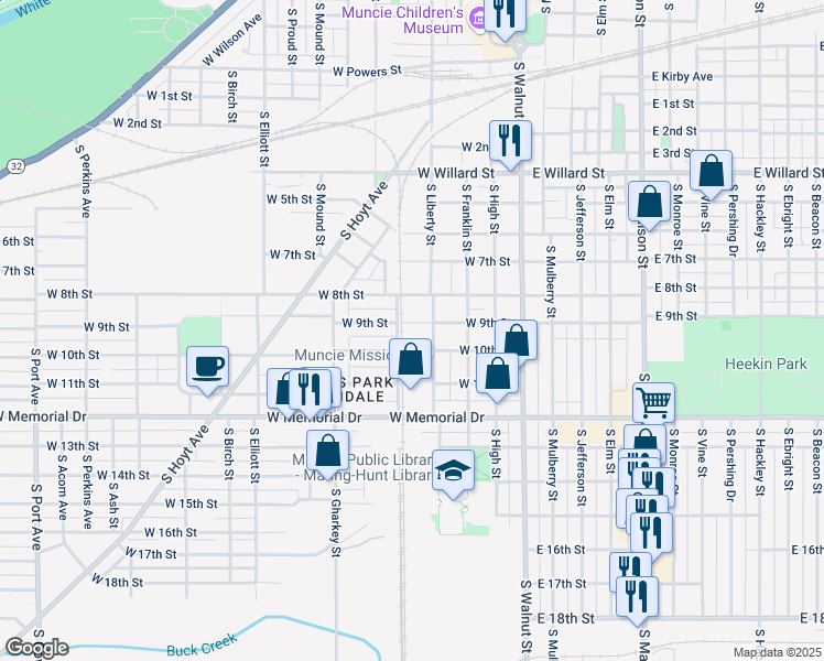 map of restaurants, bars, coffee shops, grocery stores, and more near 418 West 10th Street in Muncie