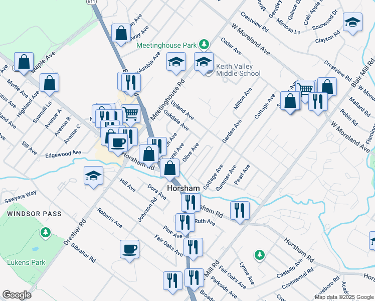 map of restaurants, bars, coffee shops, grocery stores, and more near 320 Olive Avenue in Horsham