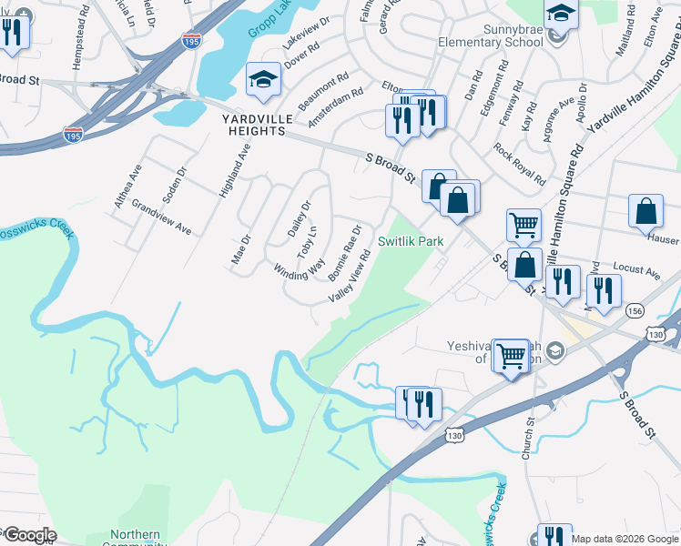 map of restaurants, bars, coffee shops, grocery stores, and more near 47 Valley View Road in Hamilton Township