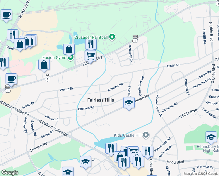 map of restaurants, bars, coffee shops, grocery stores, and more near 435 Andover Road in Fairless Hills