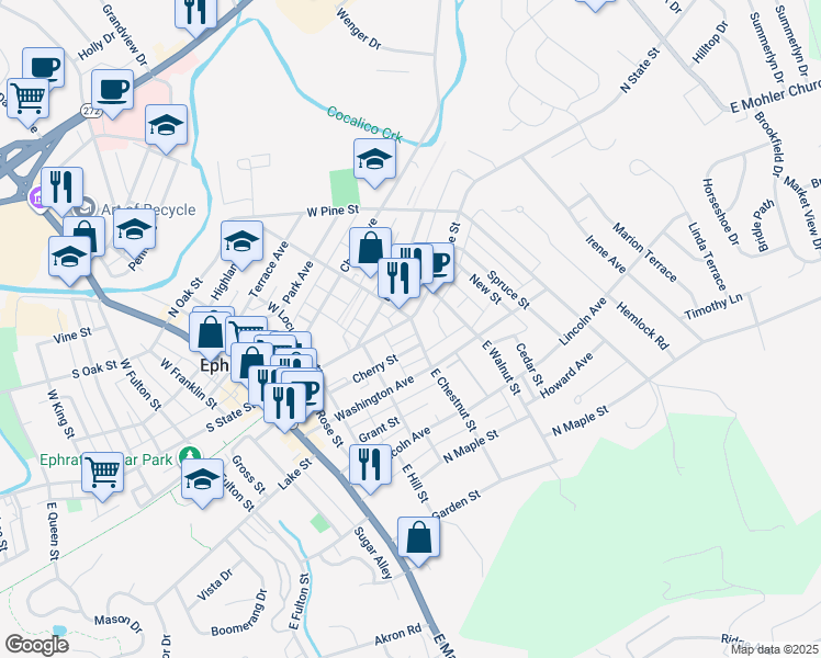 map of restaurants, bars, coffee shops, grocery stores, and more near 251 North State Street in Ephrata