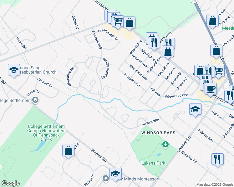 map of restaurants, bars, coffee shops, grocery stores, and more near 197 Log Pond Drive in Horsham