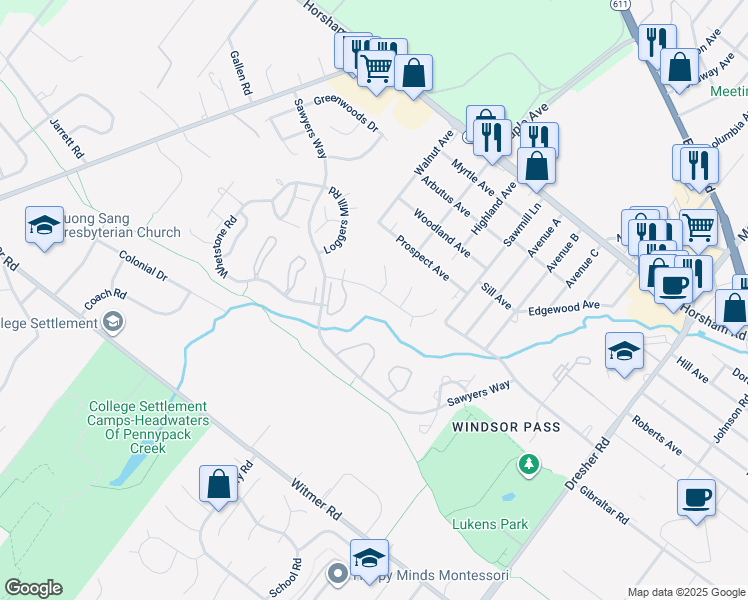 map of restaurants, bars, coffee shops, grocery stores, and more near 197 Log Pond Drive in Horsham