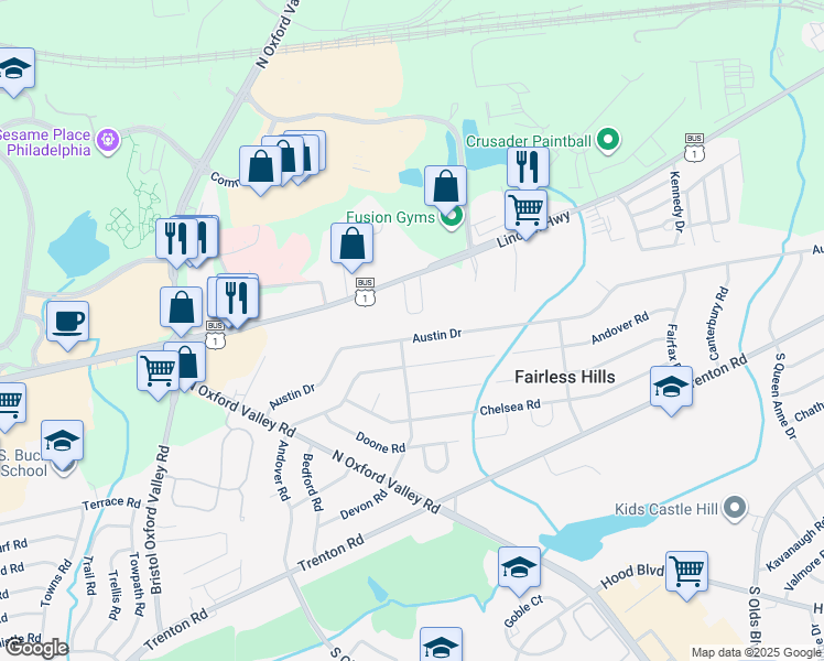 map of restaurants, bars, coffee shops, grocery stores, and more near 305 Austin Drive in Fairless Hills