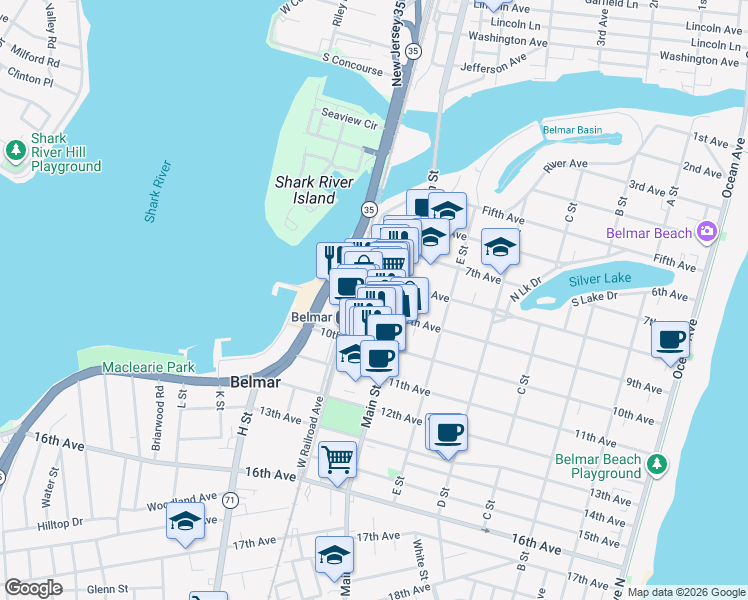 map of restaurants, bars, coffee shops, grocery stores, and more near Belmar Plaza in Belmar