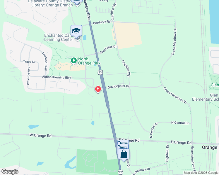 map of restaurants, bars, coffee shops, grocery stores, and more near 200 East Orange Road in Lewis Center