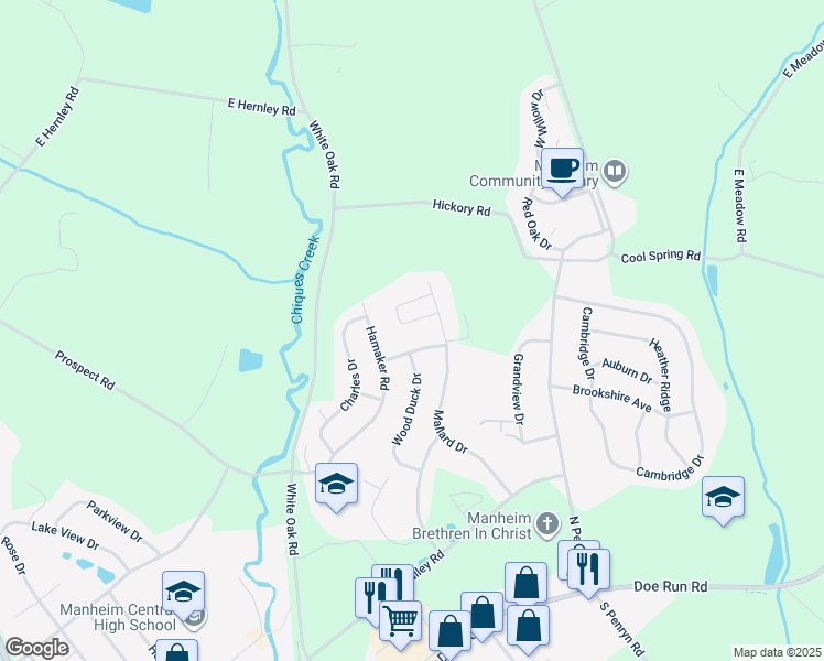 map of restaurants, bars, coffee shops, grocery stores, and more near 461 Thrush Drive in Manheim
