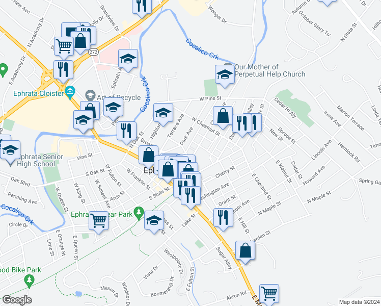 map of restaurants, bars, coffee shops, grocery stores, and more near 102 Church Avenue in Ephrata