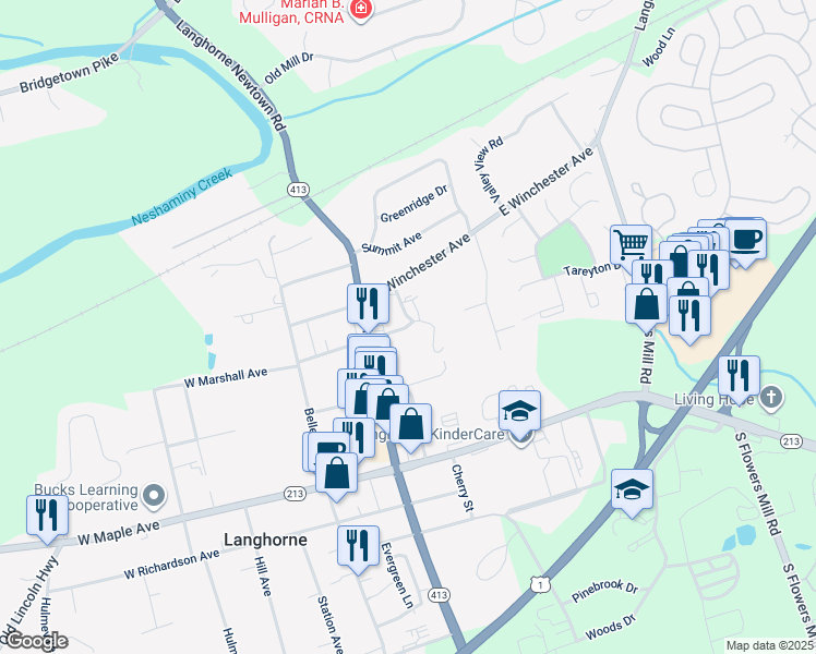 map of restaurants, bars, coffee shops, grocery stores, and more near 276 East Marshall Avenue in Langhorne