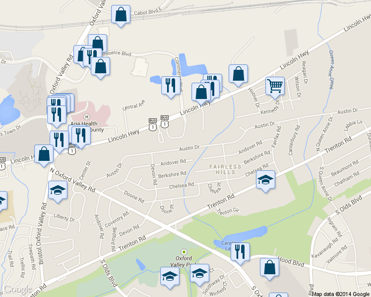 map of restaurants, bars, coffee shops, grocery stores, and more near 337 Austin Drive in Fairless Hills