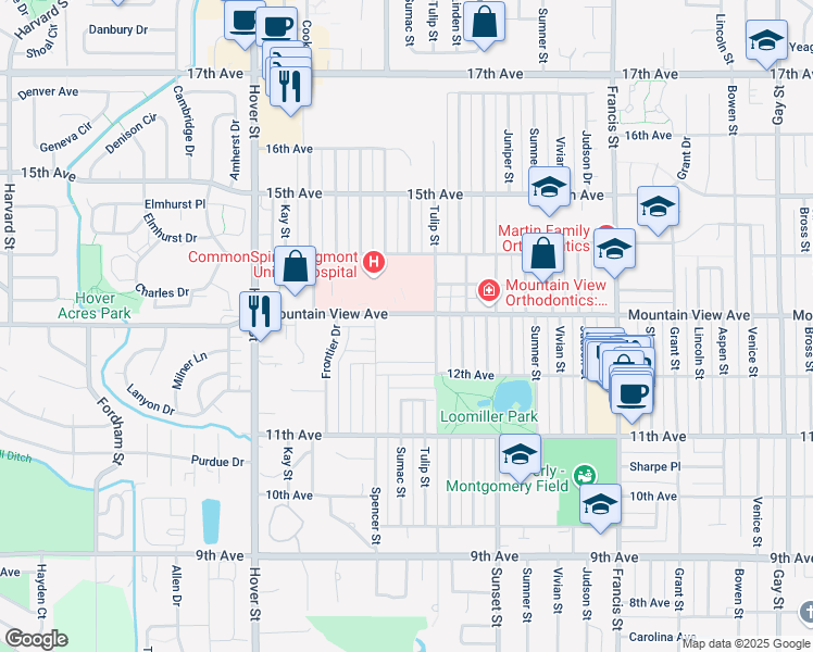 map of restaurants, bars, coffee shops, grocery stores, and more near 1925 Mountain View Avenue in Longmont