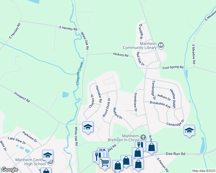 map of restaurants, bars, coffee shops, grocery stores, and more near 461 Thrush Drive in Manheim