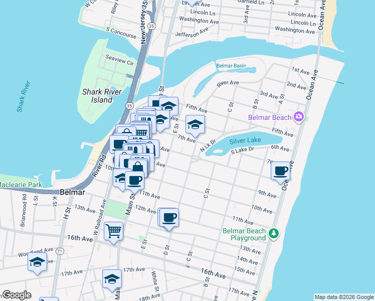 map of restaurants, bars, coffee shops, grocery stores, and more near 513 8th Avenue in Belmar