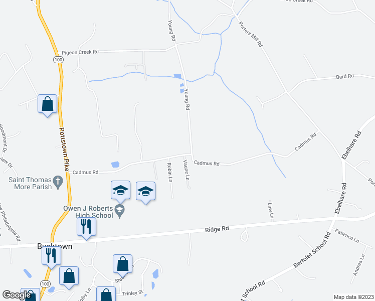 map of restaurants, bars, coffee shops, grocery stores, and more near 2091 Young Road in Pottstown