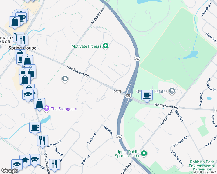 map of restaurants, bars, coffee shops, grocery stores, and more near 1 Woods Lane in Spring House