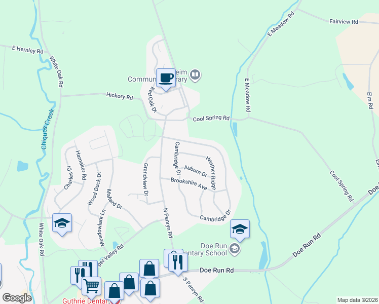 map of restaurants, bars, coffee shops, grocery stores, and more near 821 Cambridge Drive in Manheim