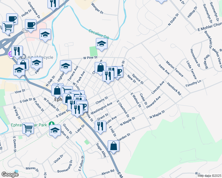 map of restaurants, bars, coffee shops, grocery stores, and more near 251 North State Street in Ephrata