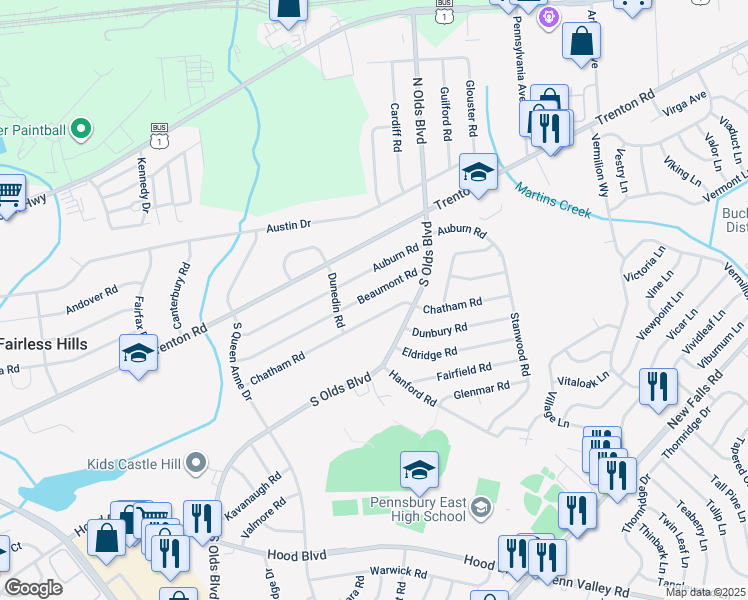 map of restaurants, bars, coffee shops, grocery stores, and more near 712 Beaumont Road in Fairless Hills