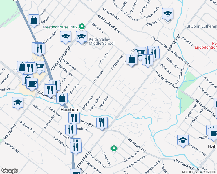 map of restaurants, bars, coffee shops, grocery stores, and more near 162 Upland Avenue in Horsham