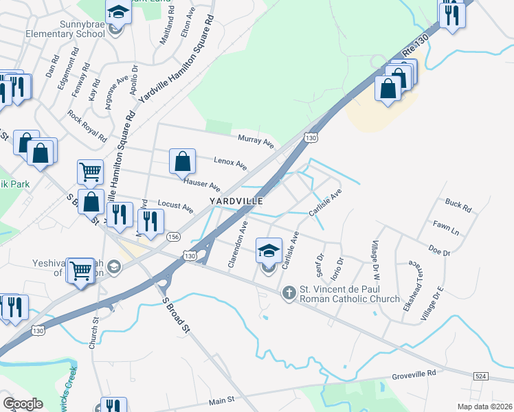 map of restaurants, bars, coffee shops, grocery stores, and more near 444 Woodside Avenue in Hamilton Township
