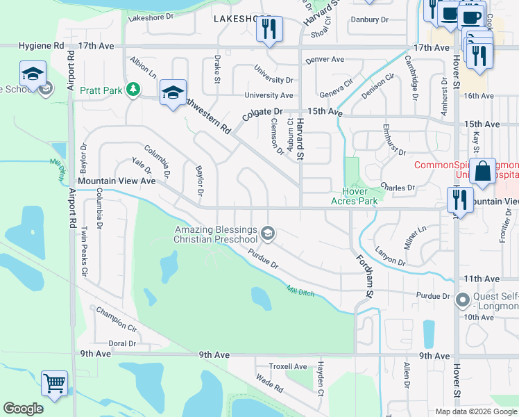 map of restaurants, bars, coffee shops, grocery stores, and more near 3010 Mountain View Avenue in Longmont