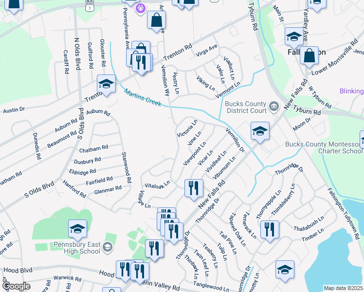 map of restaurants, bars, coffee shops, grocery stores, and more near 96 Vermillion Dr in Levittown