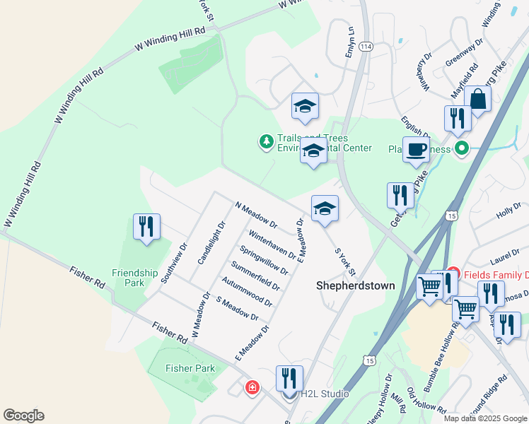 map of restaurants, bars, coffee shops, grocery stores, and more near 1779 North Meadow Drive in Mechanicsburg