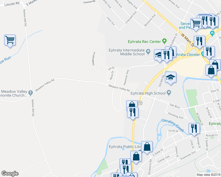 map of restaurants, bars, coffee shops, grocery stores, and more near 1382 Hammon Avenue in Ephrata