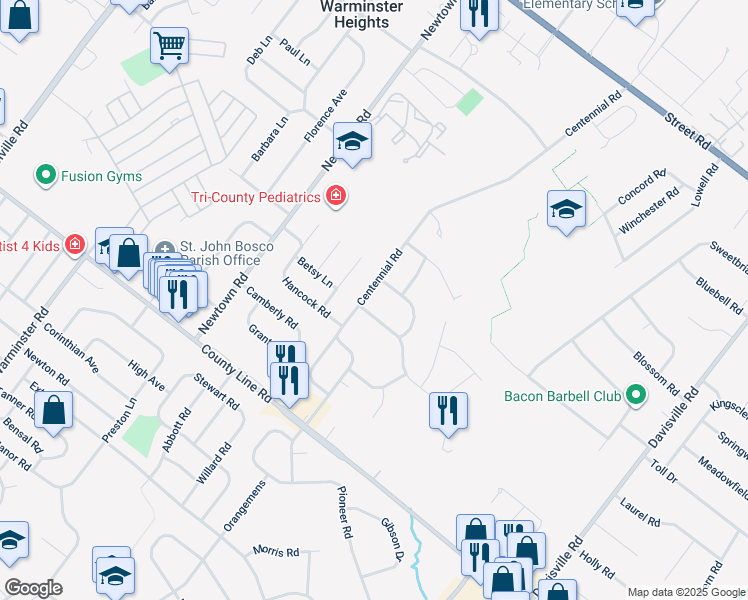 map of restaurants, bars, coffee shops, grocery stores, and more near 175 Centennial Road in Warminster