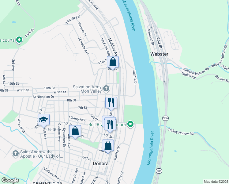 map of restaurants, bars, coffee shops, grocery stores, and more near 799 Meldon Avenue in Donora