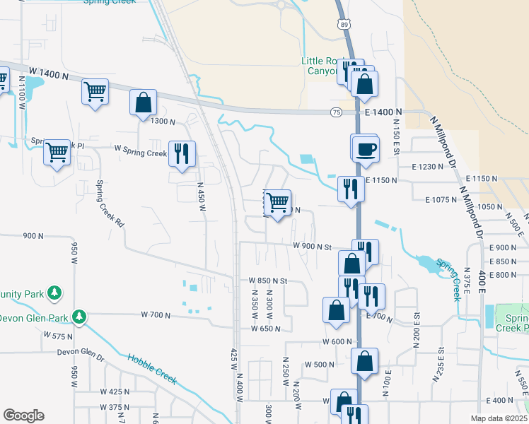 map of restaurants, bars, coffee shops, grocery stores, and more near 1025 North 300 West in Springville