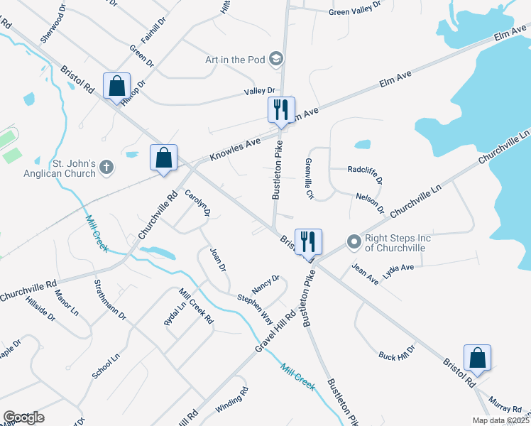 map of restaurants, bars, coffee shops, grocery stores, and more near 1411 Bristol Road in Churchville