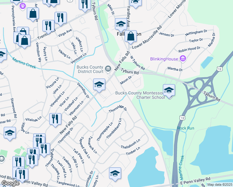map of restaurants, bars, coffee shops, grocery stores, and more near 248 Mission Lane in Fallsington