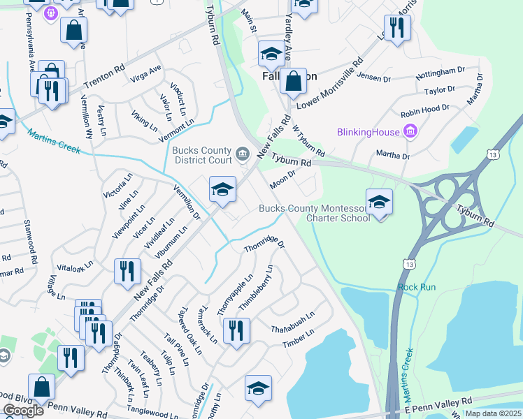 map of restaurants, bars, coffee shops, grocery stores, and more near 248 Mission Lane in Fallsington
