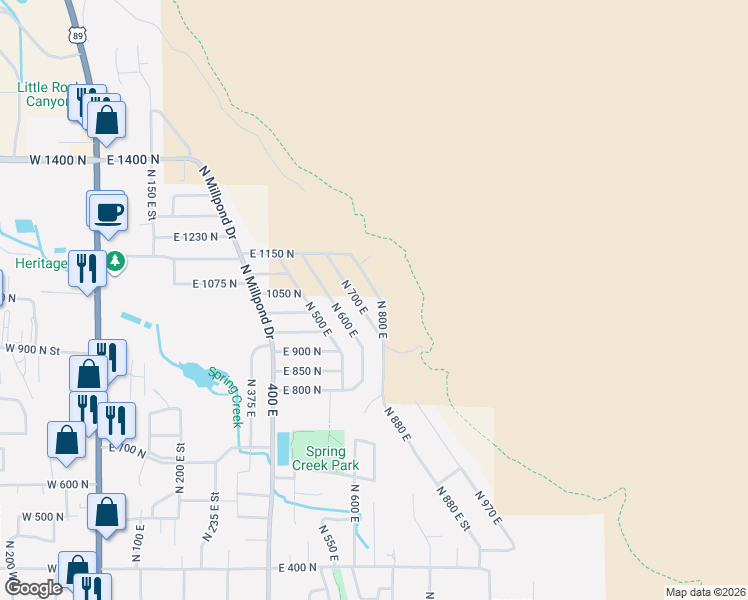 map of restaurants, bars, coffee shops, grocery stores, and more near 965 North 800 East in Springville