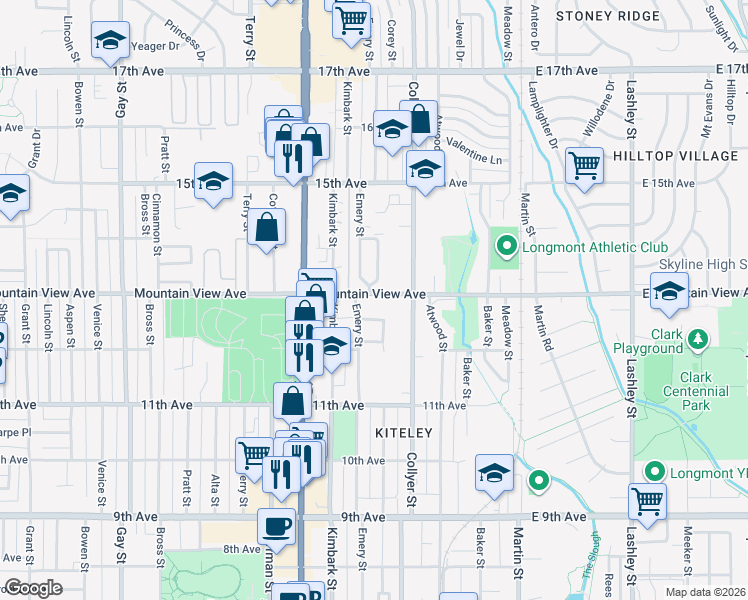map of restaurants, bars, coffee shops, grocery stores, and more near 333 Mountain View Avenue in Longmont