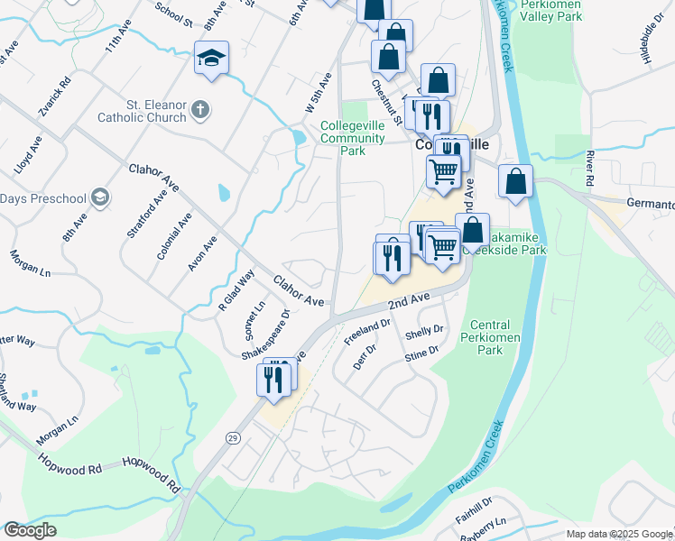 map of restaurants, bars, coffee shops, grocery stores, and more near 102 Park Avenue in Collegeville
