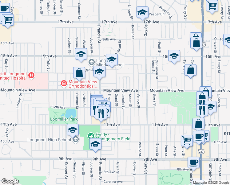 map of restaurants, bars, coffee shops, grocery stores, and more near 1251 Grant Street in Longmont