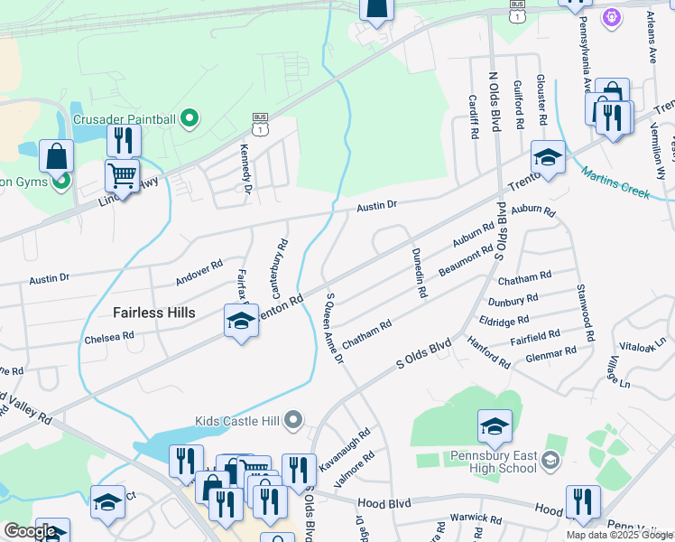 map of restaurants, bars, coffee shops, grocery stores, and more near 607 Trenton Road in Fairless Hills