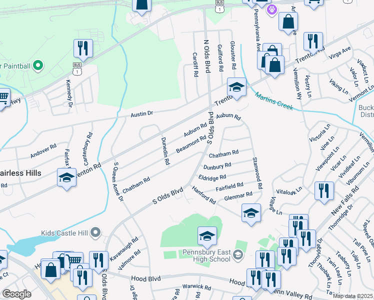 map of restaurants, bars, coffee shops, grocery stores, and more near 714 Beaumont Road in Fairless Hills