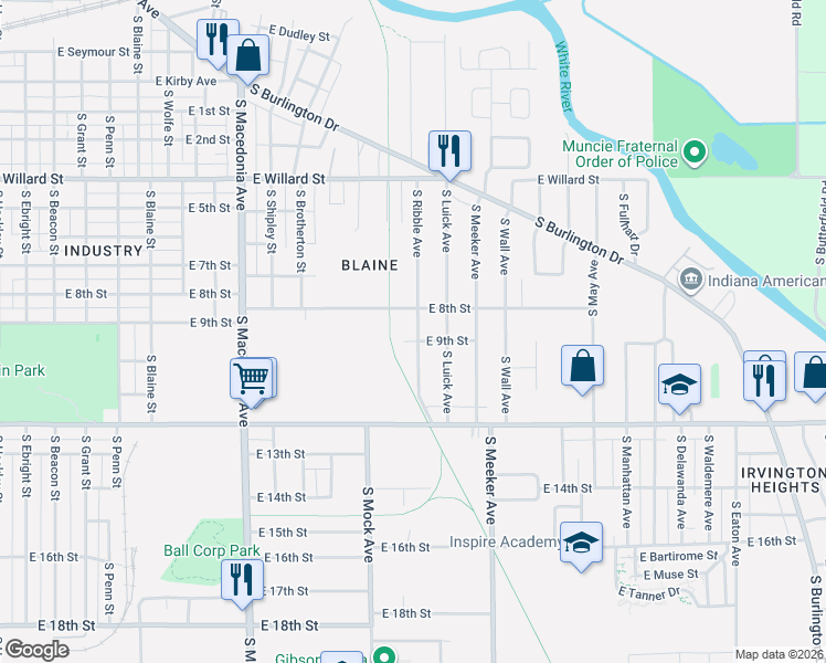 map of restaurants, bars, coffee shops, grocery stores, and more near 1527 South Ribble Avenue in Muncie