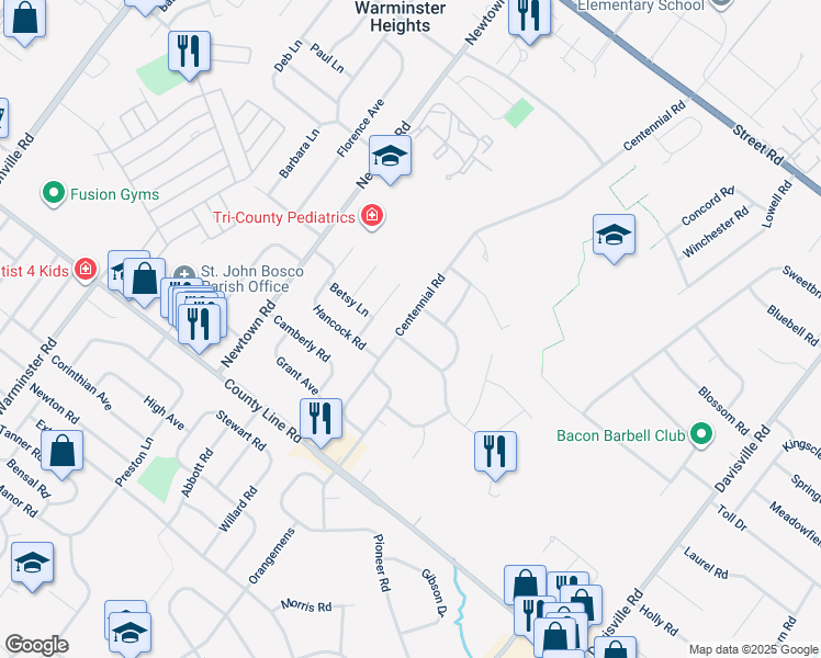 map of restaurants, bars, coffee shops, grocery stores, and more near 175 Centennial Road in Warminster